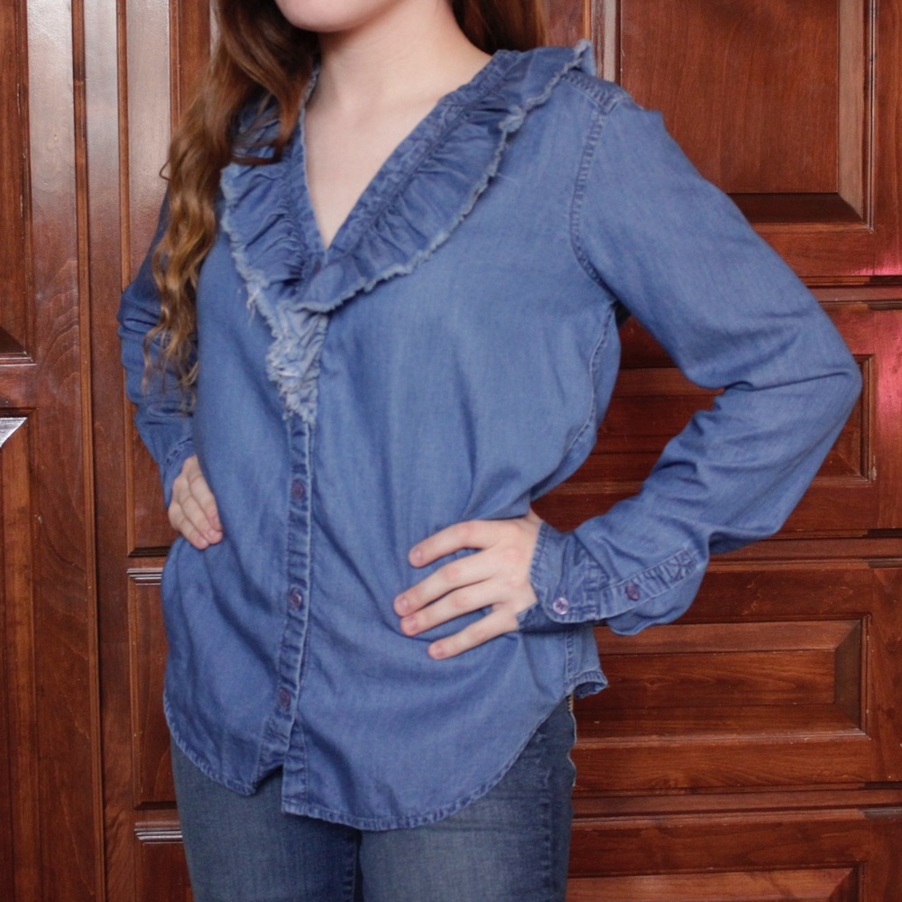 PAIGE ruffle blue shirt denim like